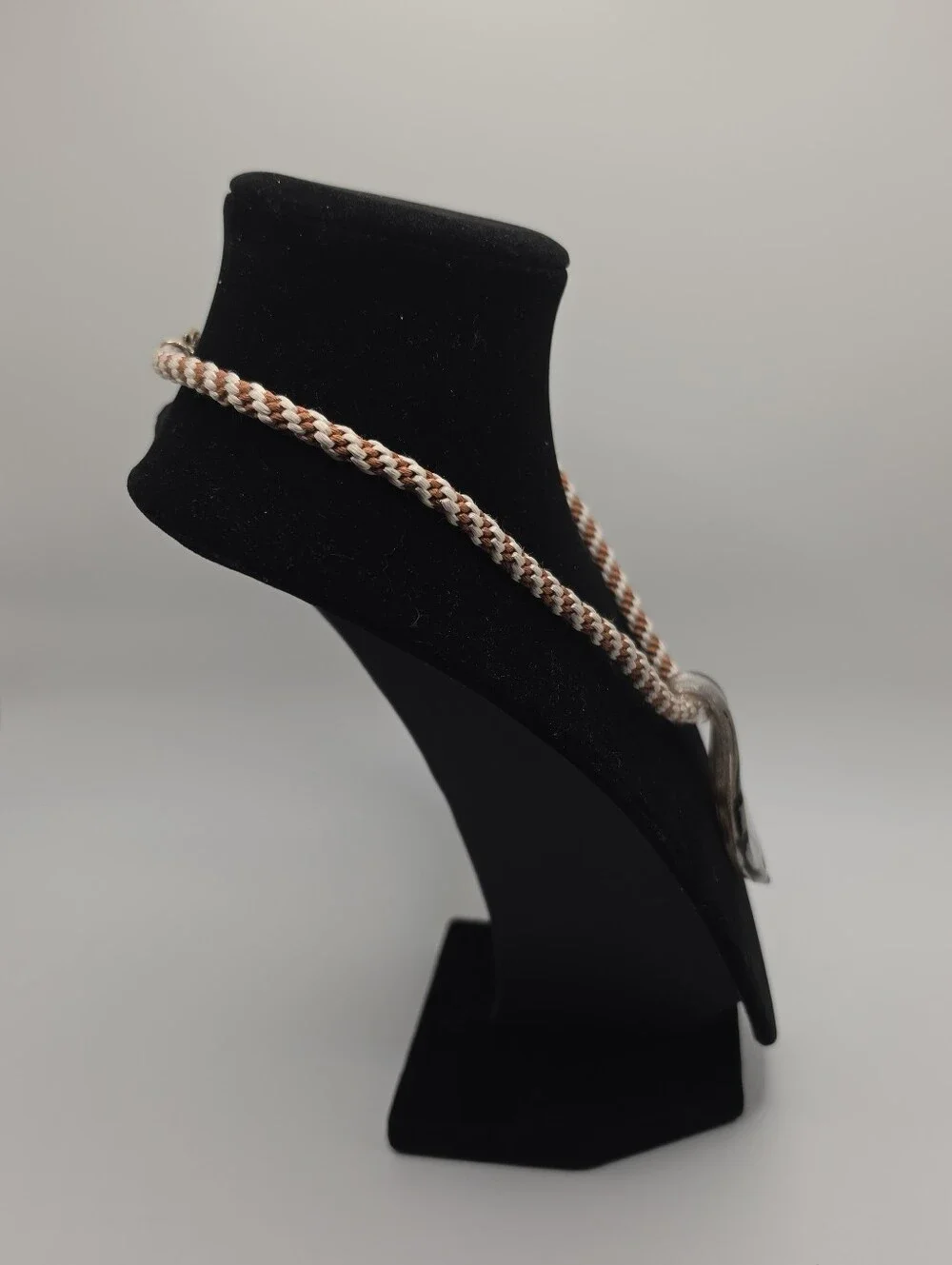 Glass Pendant Necklace Choker Style Braided Cord Chocolate & Glittery Silver
